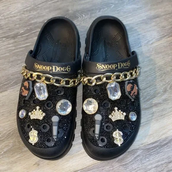 Skechers x Snoop Dogg Black Bling Clogs w/ Charms & Gold Chain Slip Ons SZ 8 - Picture 3 of 9